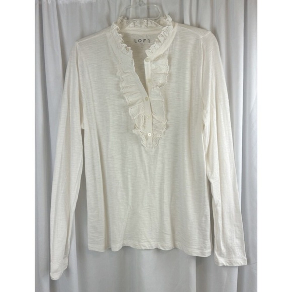 LOFT Cream Eyelet Lace Ruffle Henley Top‎ Long Sleeve Cotton L Cottagecore 58-22 - Picture 8 of 11